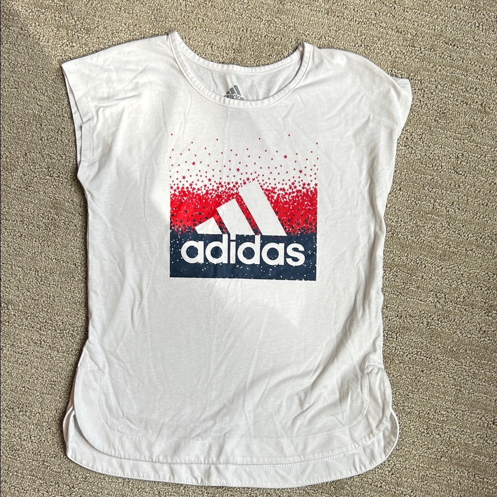Adidas White Tee with Red and Blue Graphic